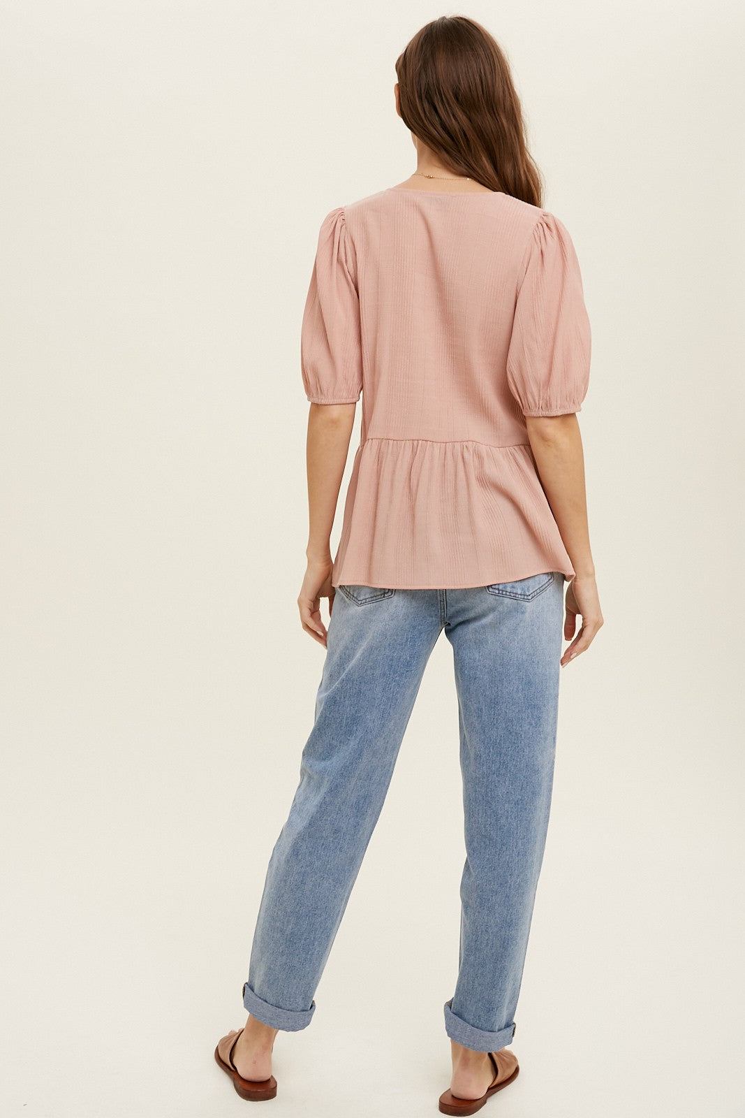 TEXTURED PUFF SLEEVE BABYDOLL TOP in BLUSH