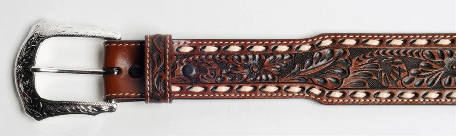 MEN'S COGNAC BUCK STITCH FLORAL TOOL BELT