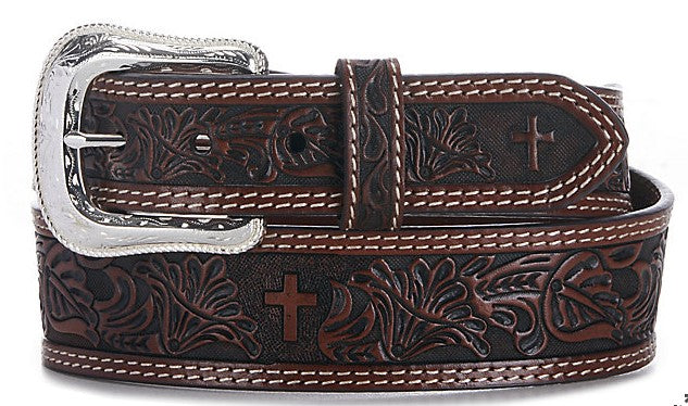 MEN'S BELT WITH FLORAL & CROSS TOOLING
