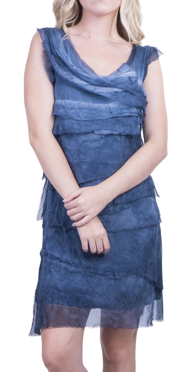 SIENA SLEEVELESS RUFFLED DRESS in WASHED DENIM