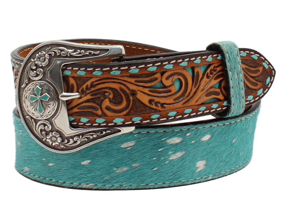 ANGEL RANCH LADIES BELT 1 1/2 BUCK STITCH TOOLED TABS CALF HAIR TURQUOISE