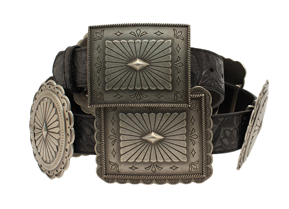 LADIES BLACK LEATHER CONCHO BELT