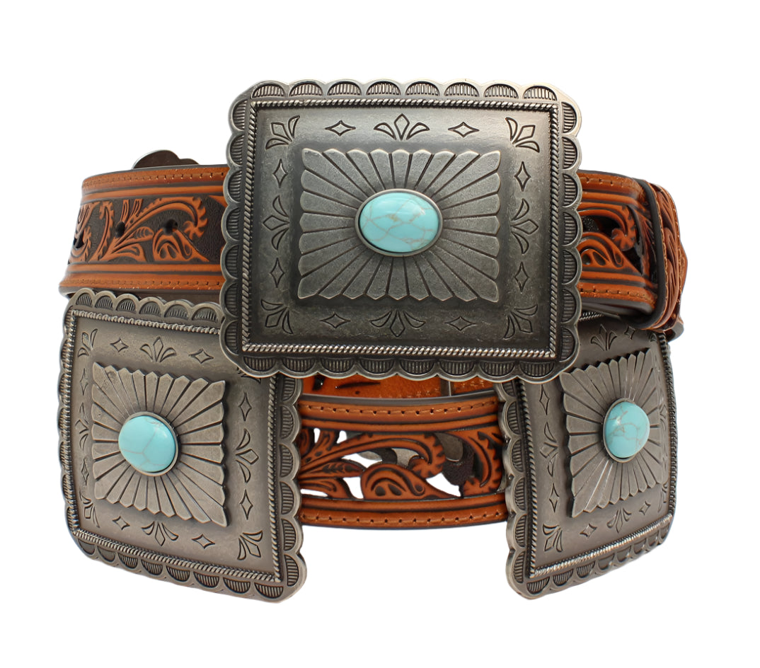 ARIAT LADIES PIERCED RECTANGLE CONCHO BELT TAN