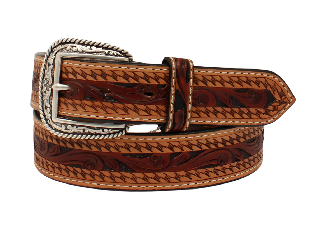 ARIAT MENS BELT ZIG ZAG EDGE FLORAL TOOLED TAN