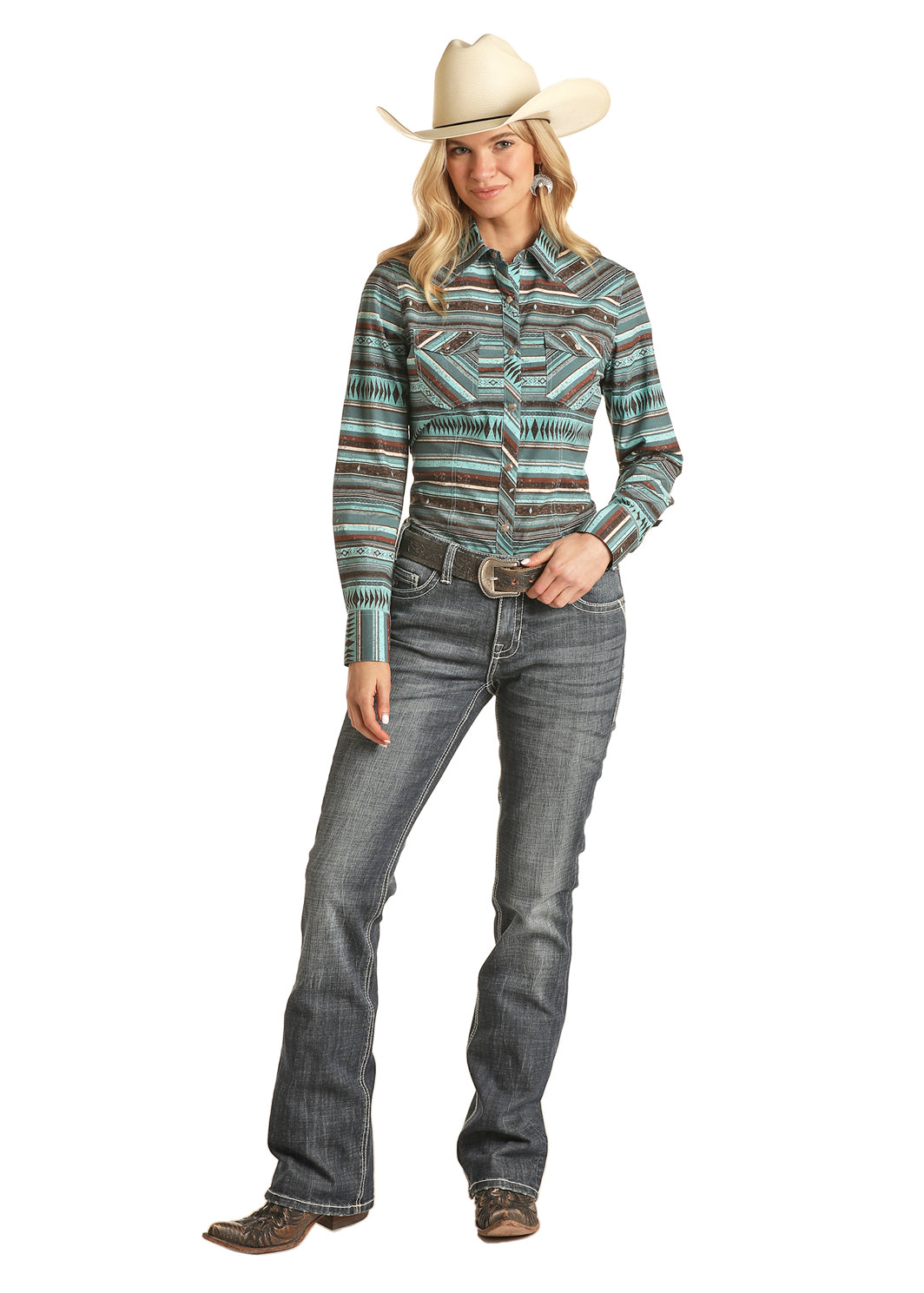 Rock & Roll Cowgirl Women's Aztec Stripe Snap Shirt