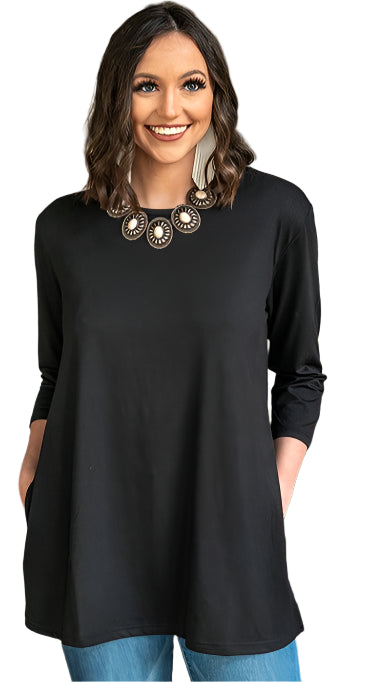 Western Black Scoop Neck Tunic With Side Pockets