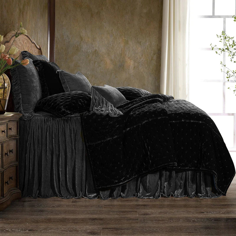 STELLA FAUX SILK VELVET BEDSPREAD SET in DARK SLATE, QUEEN