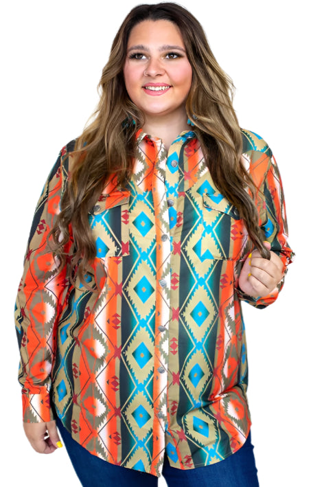 Brown Aztec Printed long sleeve shirt IN PLUS