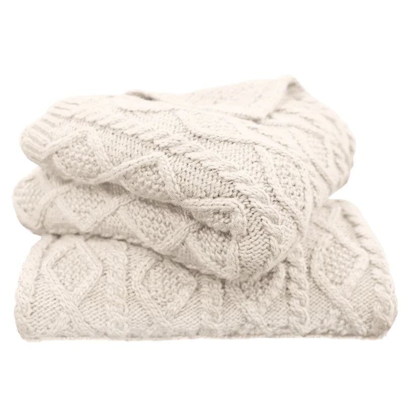 CABLE KNIT SOFT WOOL THROW BLANKET in CREAM