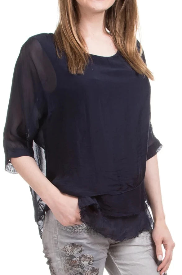 CARMELINA SILK KAFTAN ROUND NECK TOP in NAVY