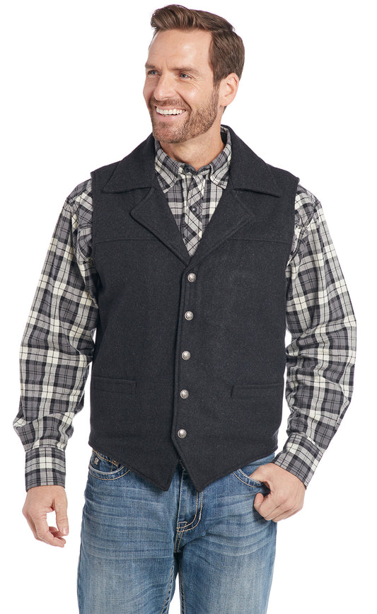MEN'S WOOL MELTON SNAP FRONT COLLARED VEST WITH CONCEALED CARRY POCKET in BLACK