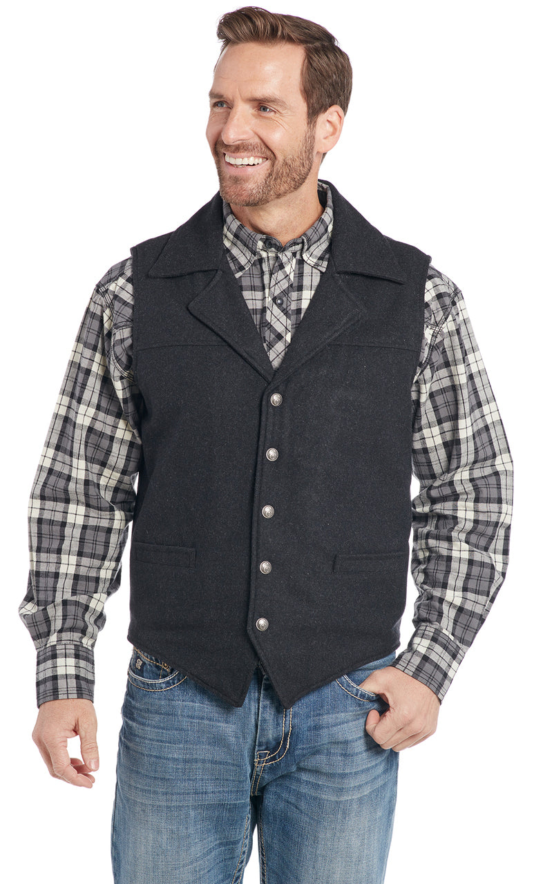 MEN'S WOOL MELTON SNAP FRONT COLLARED VEST WITH CONCEALED CARRY POCKET in BLACK