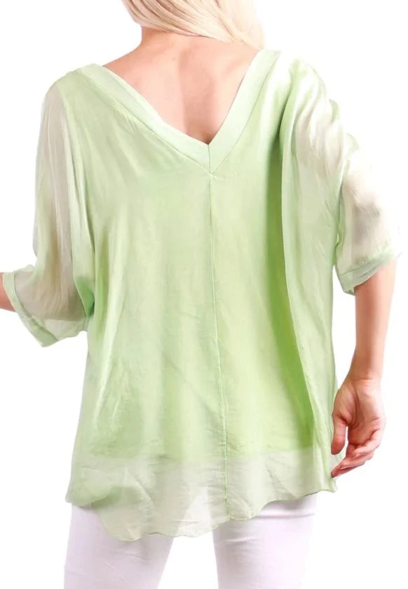DIANA SILK KAFTAN V NECK TOP in MINT