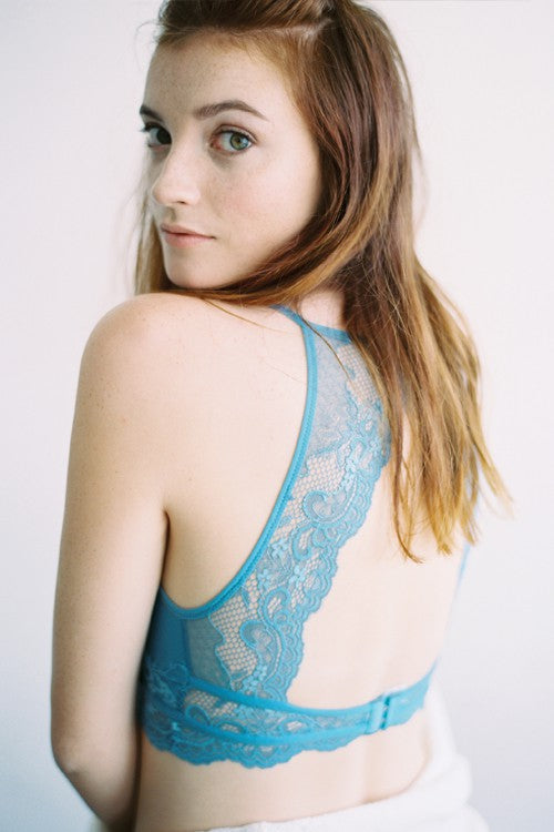 HIGH NECK LACE HALTER BRALETTE in SKY BLUE