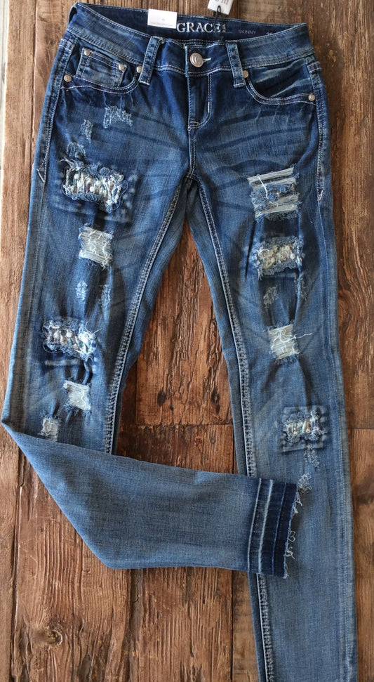 Grace In LA Distressed Floral Patch Skinny Jeans
