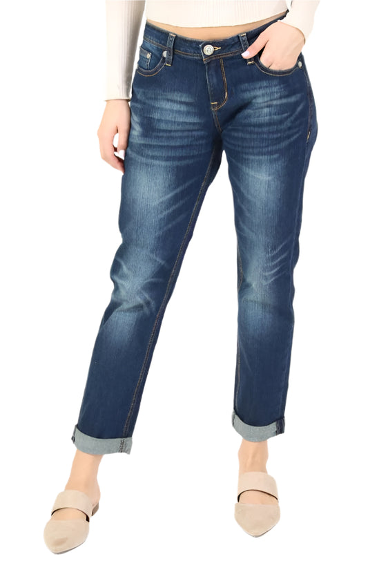 Grace In LA Dark Wash Cuffed Boyfriend Jeans