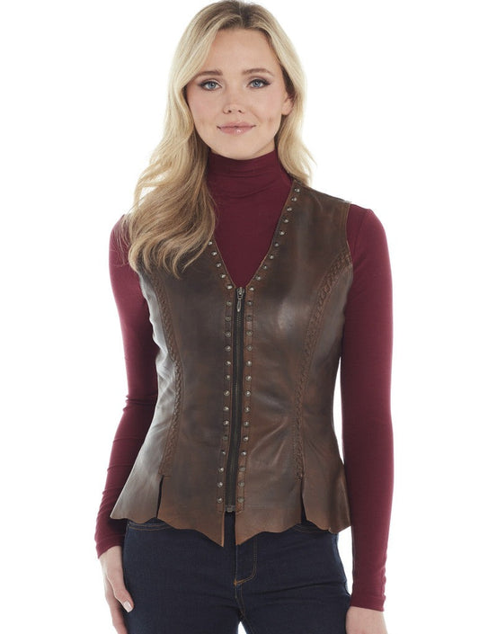 CRIPPLE CREEK LADIES STUDDED, HAND LACED & ANTIQUE FINISHED ZIP FRONT LAMB VEST W/ RAW EDGES in BROWN