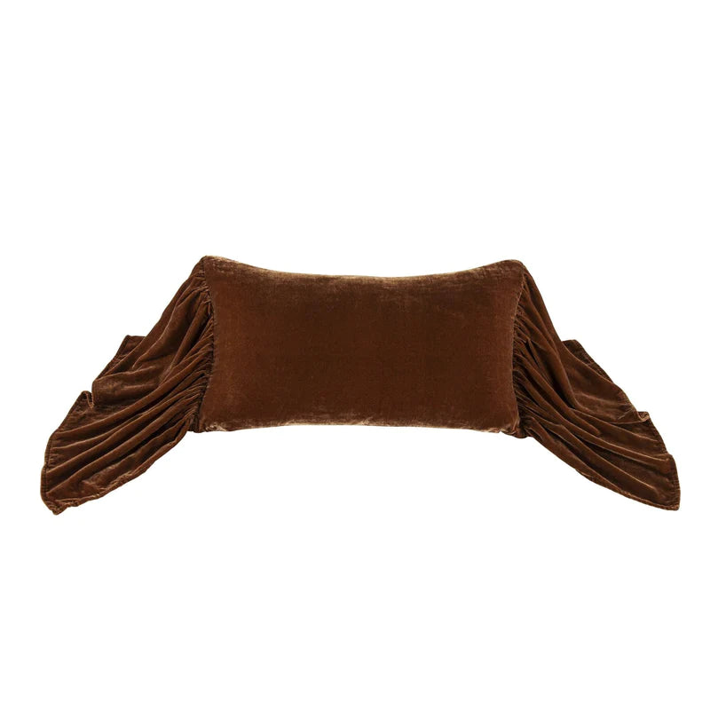 STELLA FAUX SILK VELVET LONG RUFFLED PILLOW in COPPER BROWN