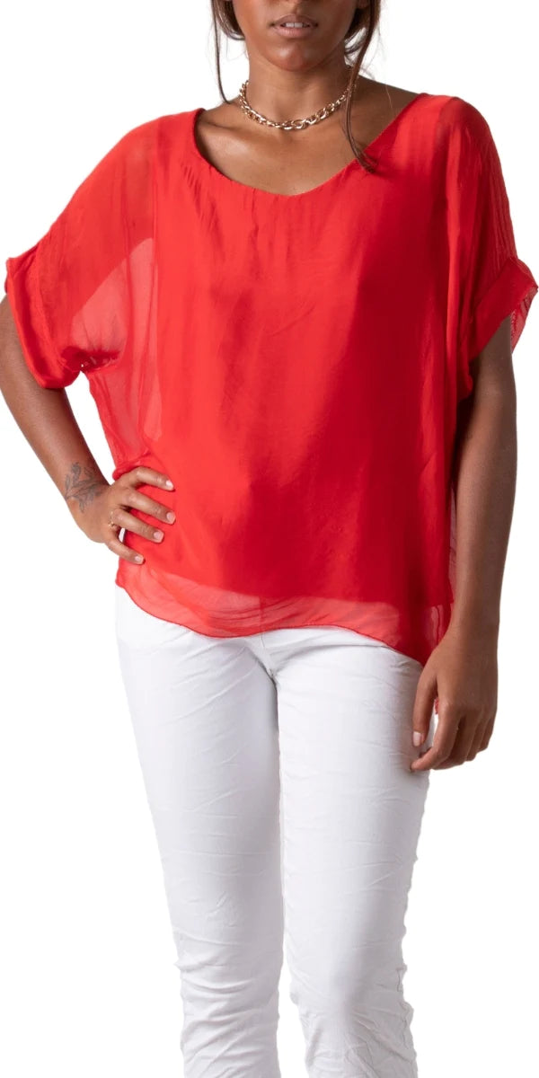 MONICA SILK KAFTAN ROUND NECK TOP in RED