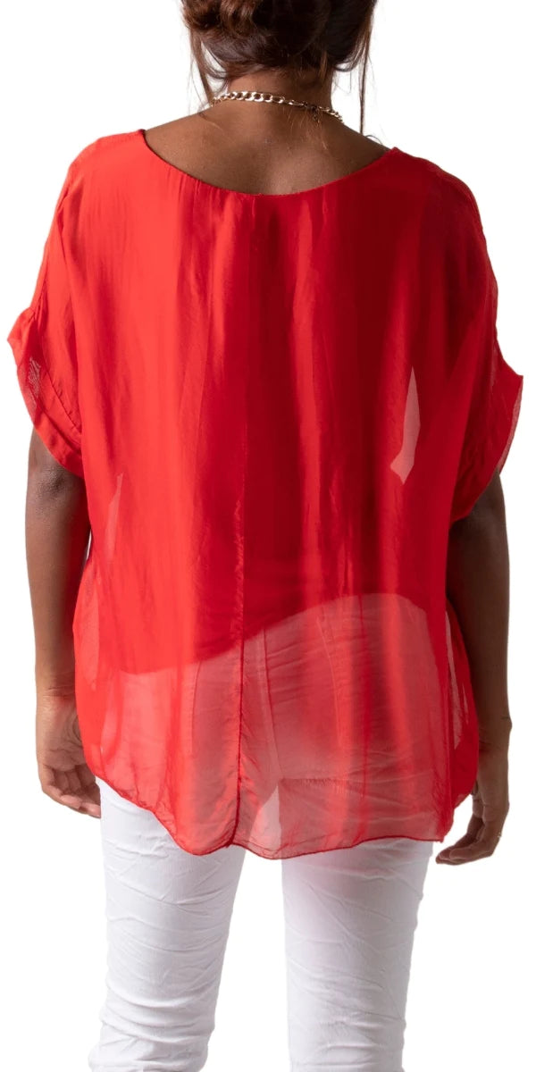 MONICA SILK KAFTAN ROUND NECK TOP in RED