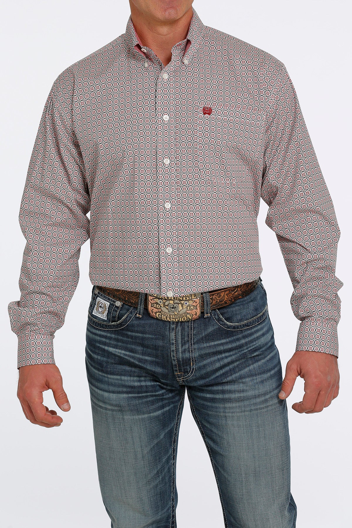CINCH GEOMETRIC PRINT BUTTON-DOWN WESTERN SHIRT - CREAM/ RED