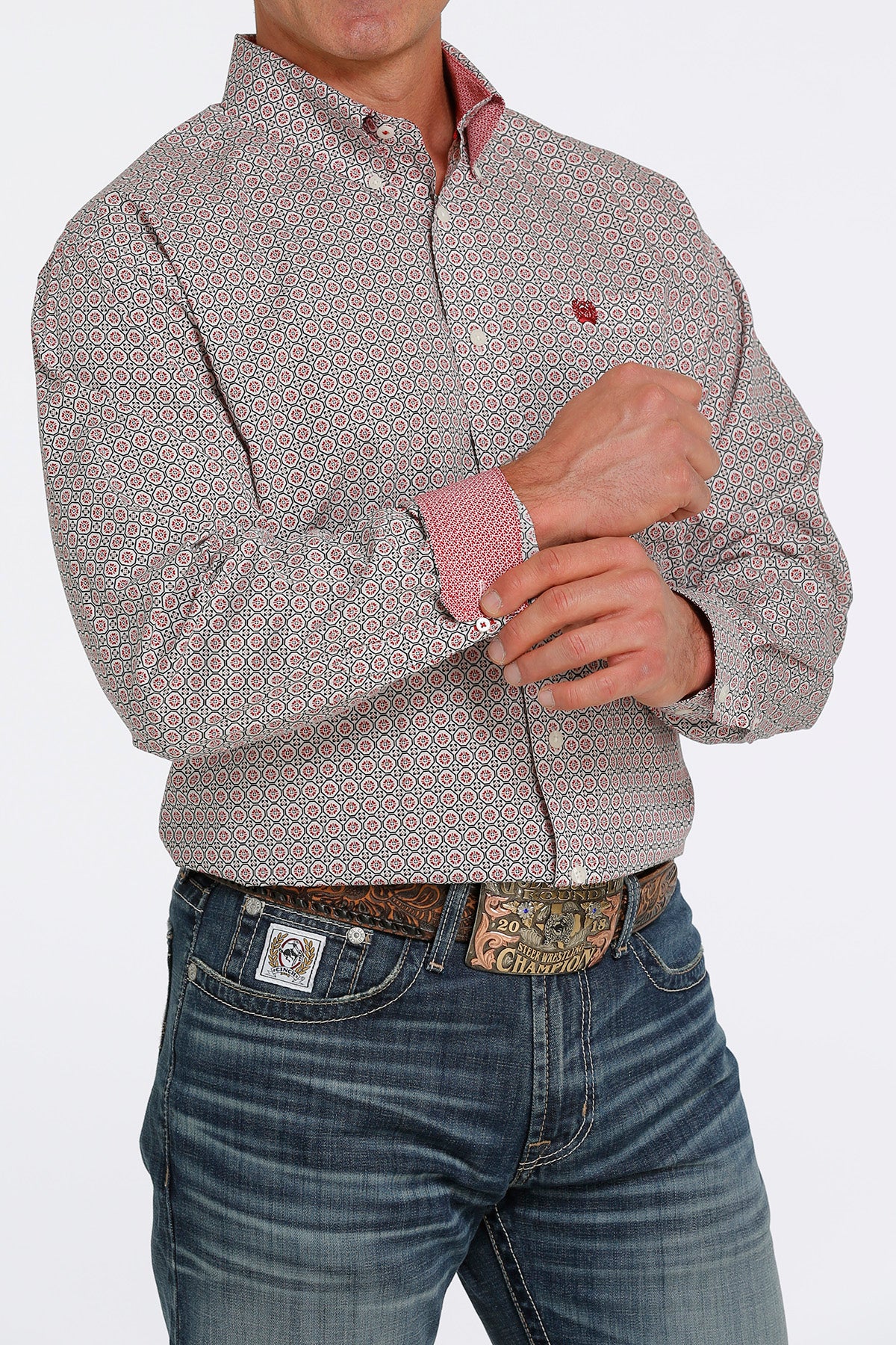 CINCH GEOMETRIC PRINT BUTTON-DOWN WESTERN SHIRT - CREAM/ RED