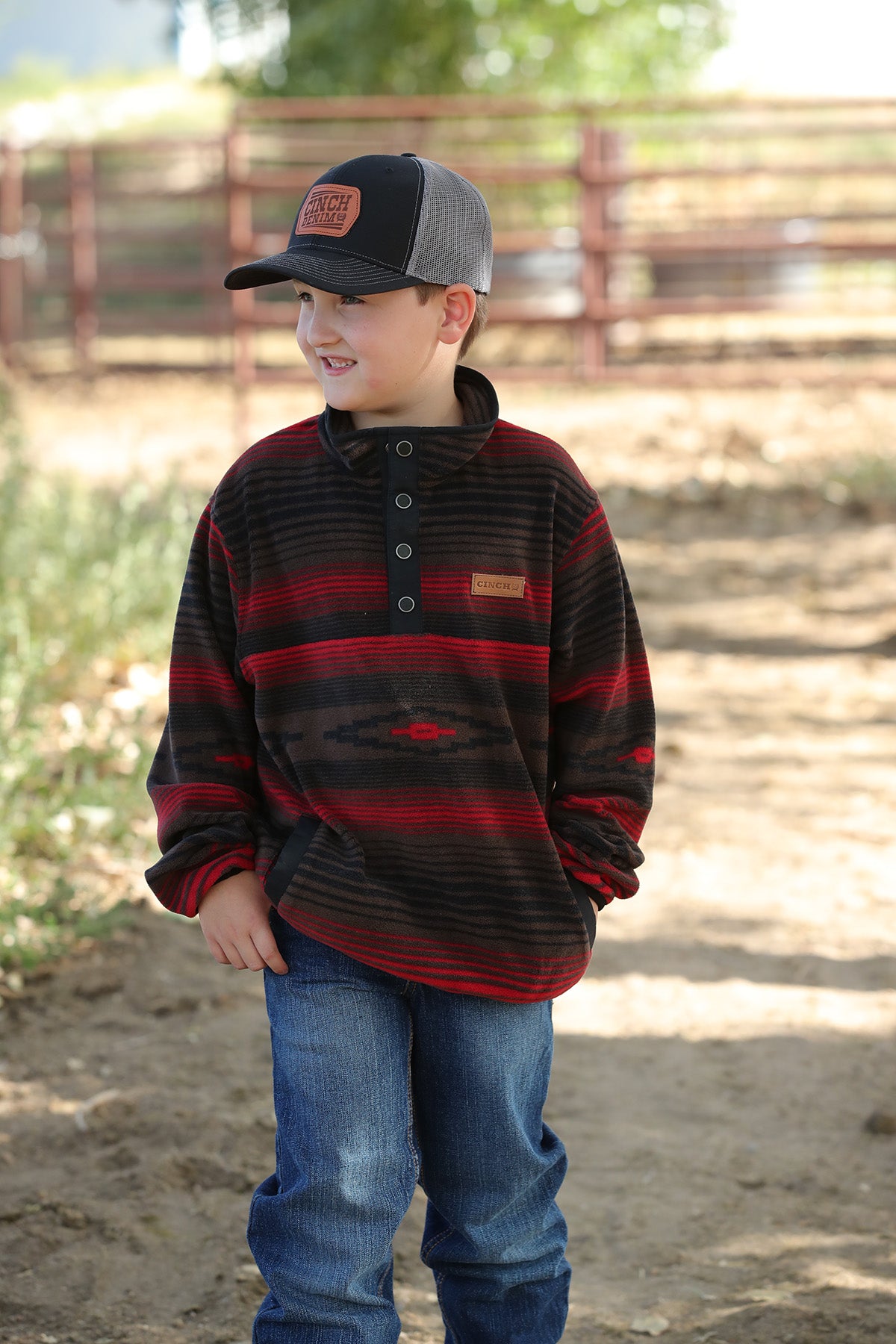 CINCH BOY'S AZTEC PRINT POLAR FLEECE PULLOVER - BROWN