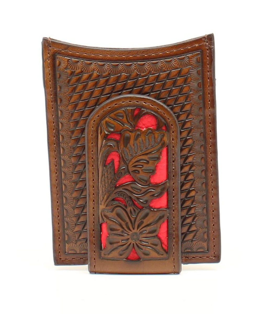 NOCONA FLORAL EMBOSSED LEATHER MONEY CLIP W/RED UNDERLAY