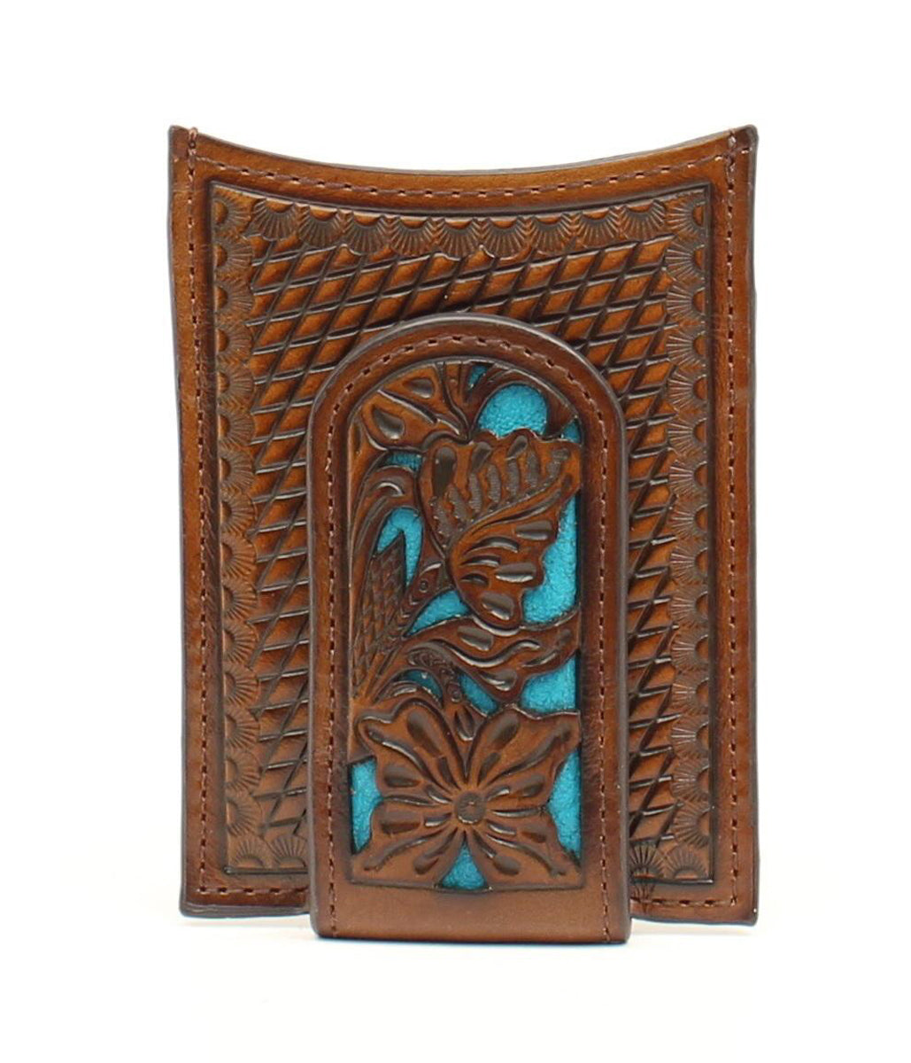 NOCONA FLORAL EMBOSSED LEATHER MONEY CLIP W/BLUE UNDERLAY