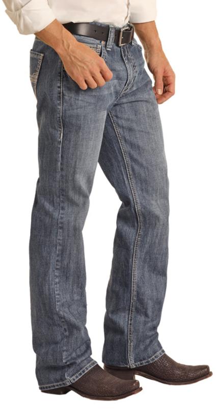 ROCK & ROLL MEN'S RELAXED FIT TWO TONE MEDIUM WASH STRAIGHT BOOTCUT JEANS