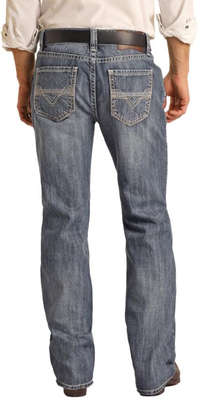 ROCK & ROLL MEN'S RELAXED FIT TWO TONE MEDIUM WASH STRAIGHT BOOTCUT JEANS
