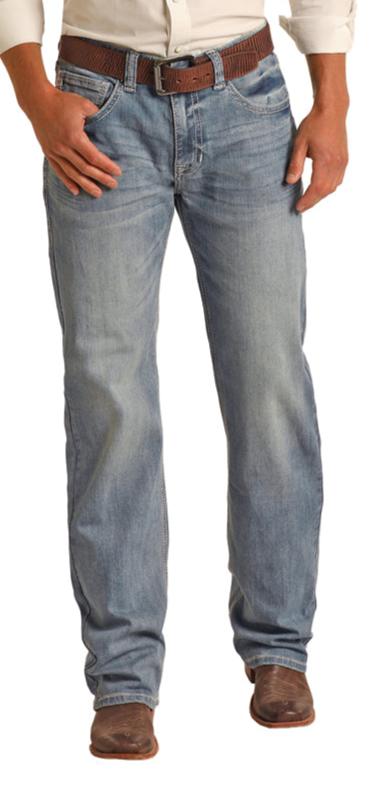 ROCK & ROLL MEN'S RELAXED FIT TWO TONE LIGHT WASH STRAIGHT BOOTCUT JEANS
