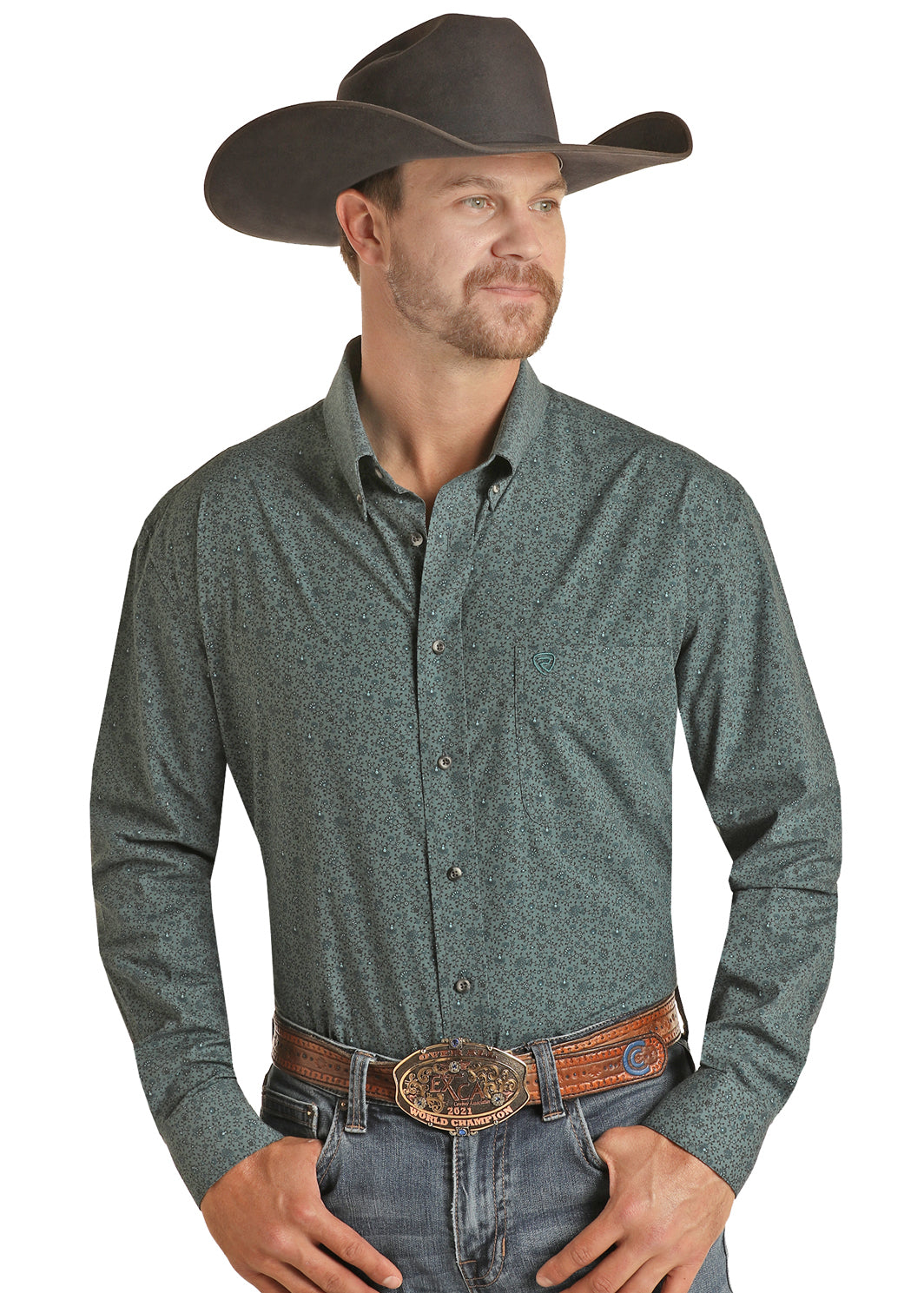 ROCK & ROLL DENIM VINTAGE '46 REGULAR FIT TEAL FLORAL BUTTON DOWN SHIRT