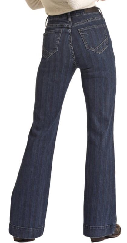 Rock & Roll Ladies Medium Wash Striped High Rise Trouser