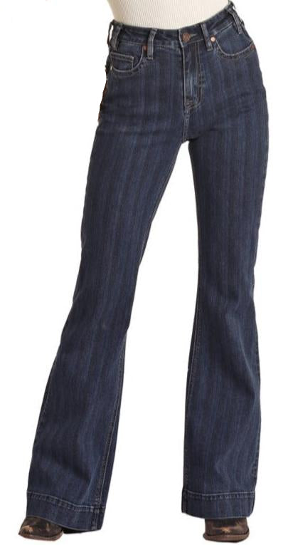 Rock & Roll Ladies Medium Wash Striped High Rise Trouser