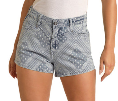 Rock & Roll Denim Women's Light Wash High Rise Bandana Print Shorts