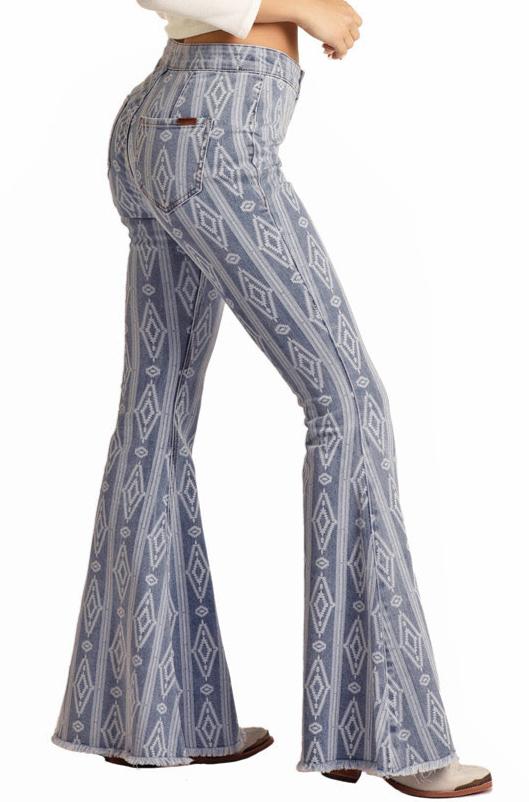 ROCK & ROLL COWGIRL LADIES BUTTON BELLS HIGH RISE EXTRA STRETCH AZTEC FLARE JEANS