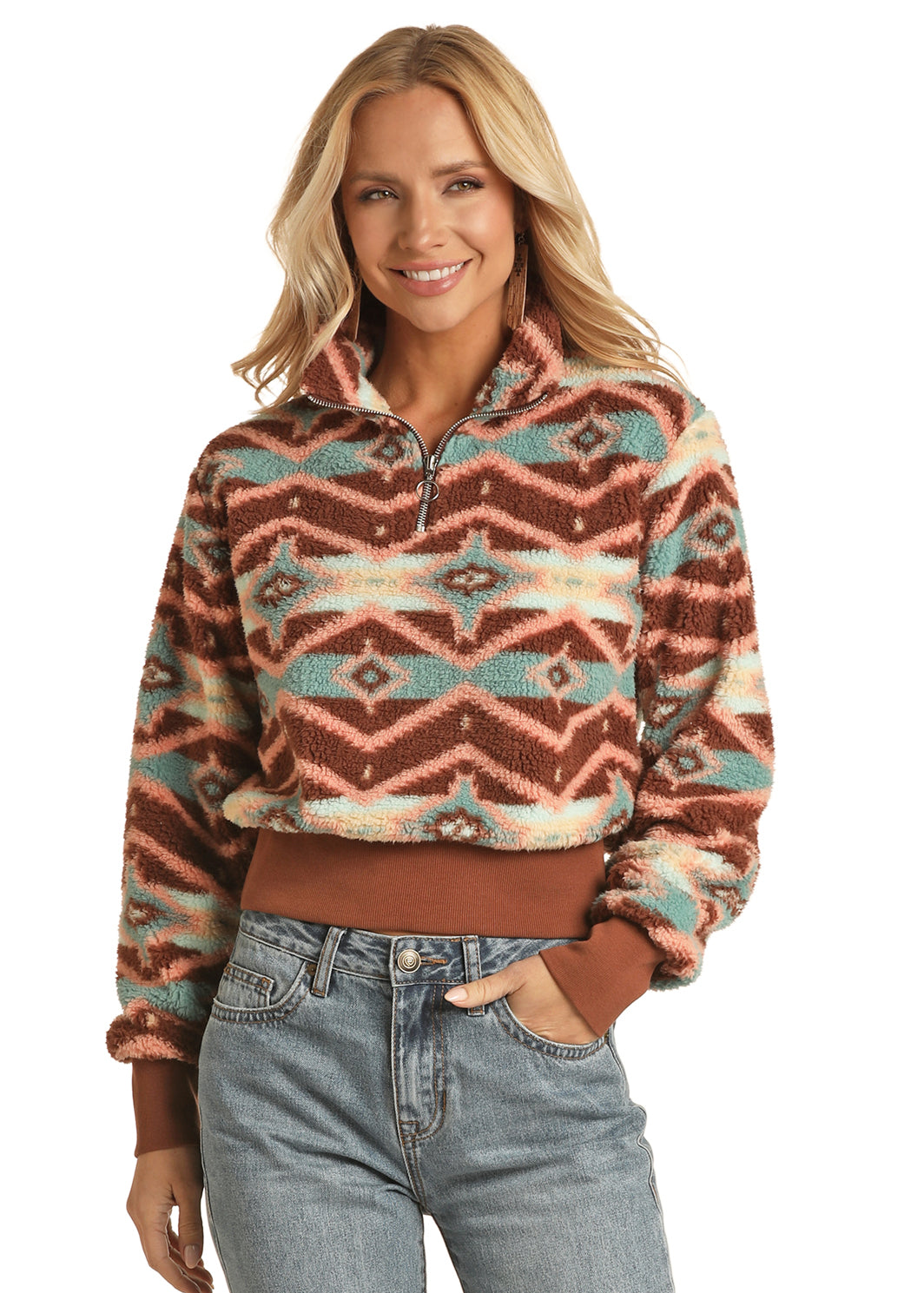 Rock & Roll Women's Vibrant Aztec Sherpa Pullover CHOCOLATE