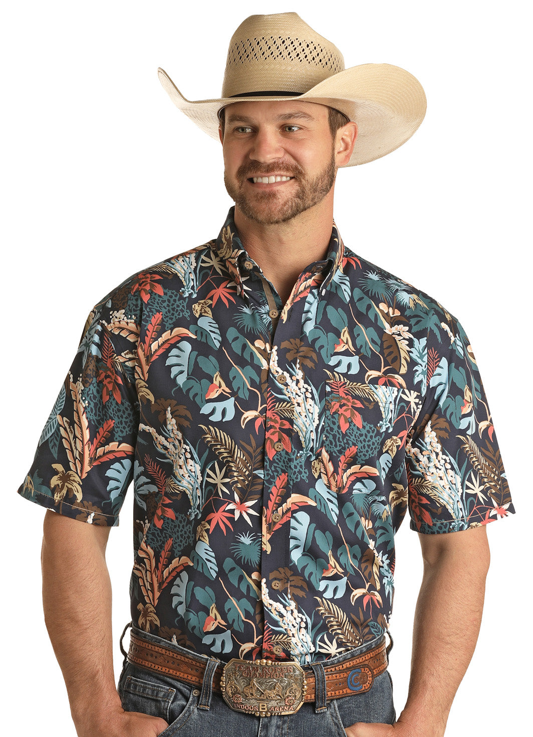 Panhandle Men's Tropical Navy Short Sleeve Button Down Shirt