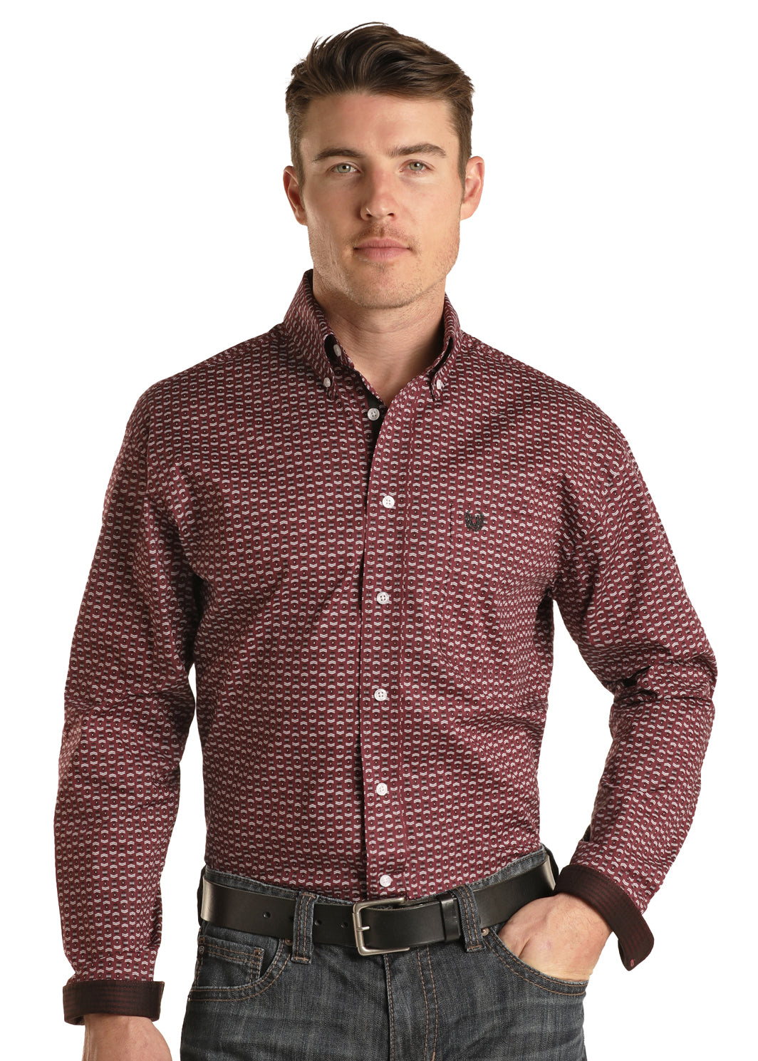 PANHANDLE MEN'S LONG SLEEVE GEO PRINT SHIRT - BURGUNDY