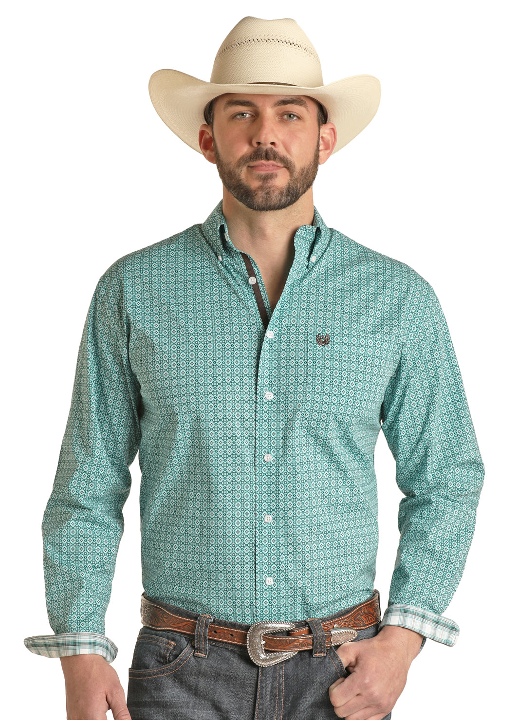 PANHANDLE MEN'S LONG SLEEVE GEO PRINT SHIRT - TURQUOISE
