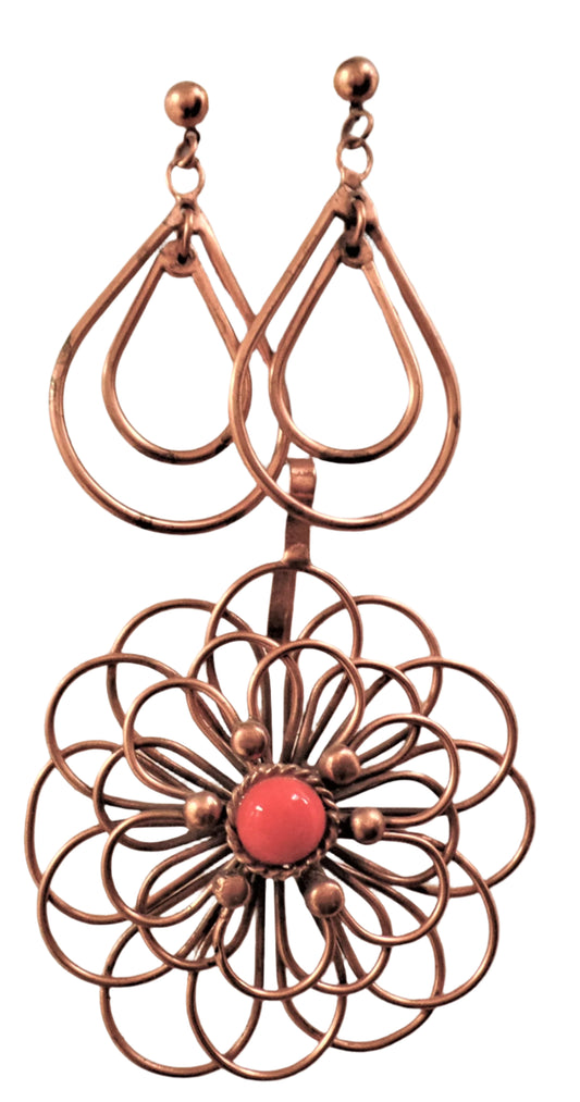 Copper Flower/Red Stone Pendant & Earrings Set