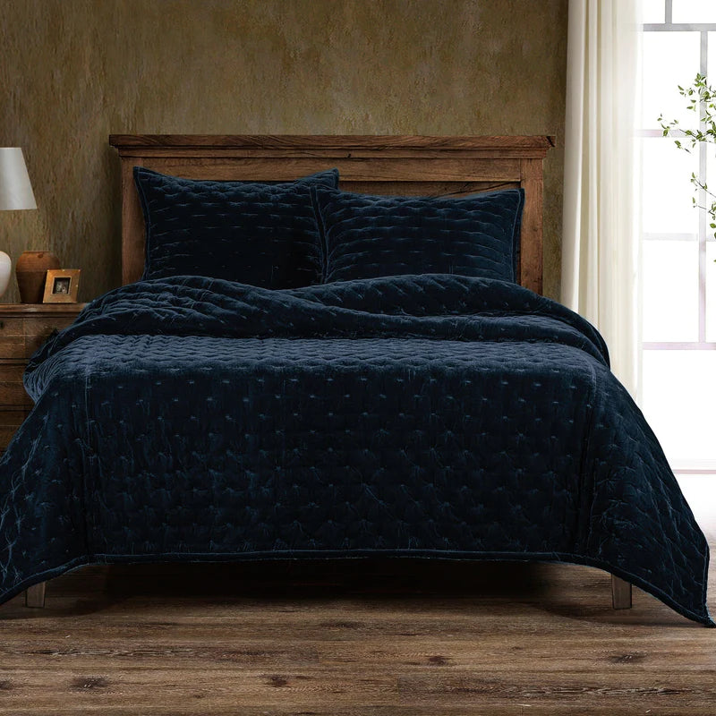 STELLA FAUX SILK VELVET QUILT in MIDNIGHT BLUE, QUEEN