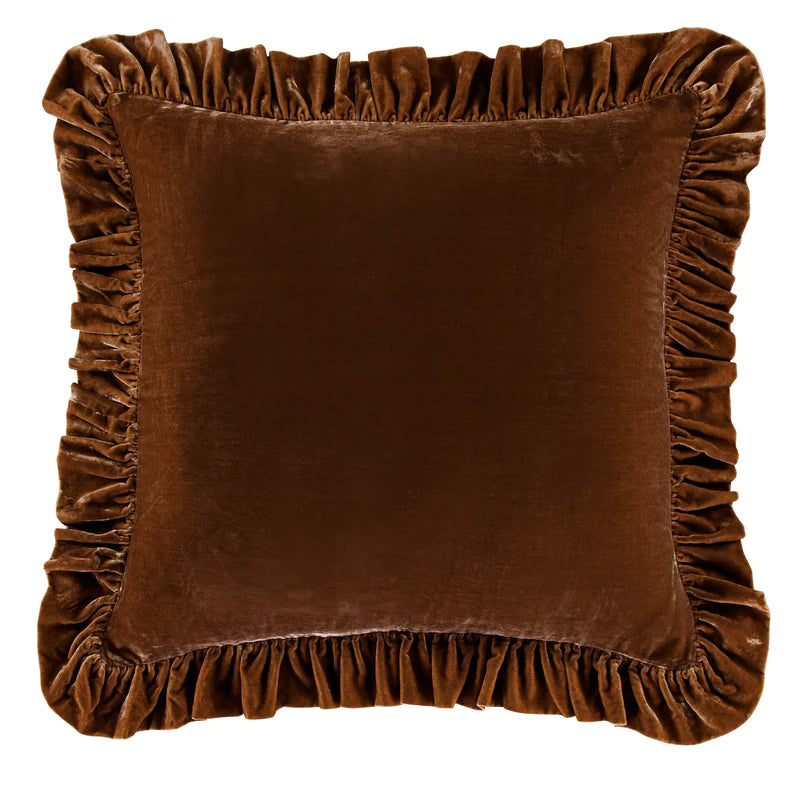 STELLA FAUX SILK VELVET RUFFLED EURO PILLOW SHAM in COPPER BROWN