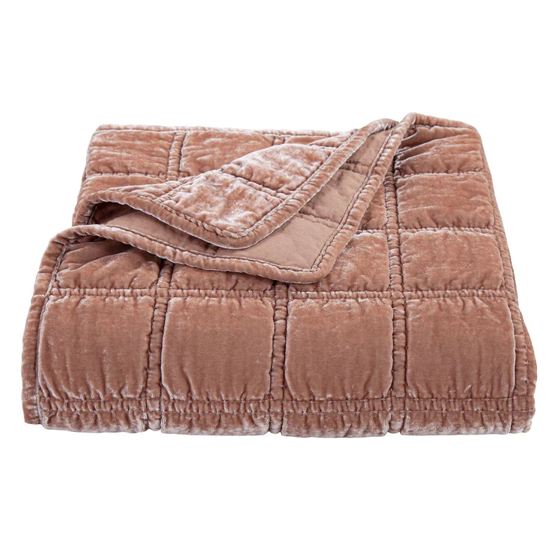 STELLA FAUX SILK VELVET DOUBLE BOX STITCH THROW in DUSTY ROSE