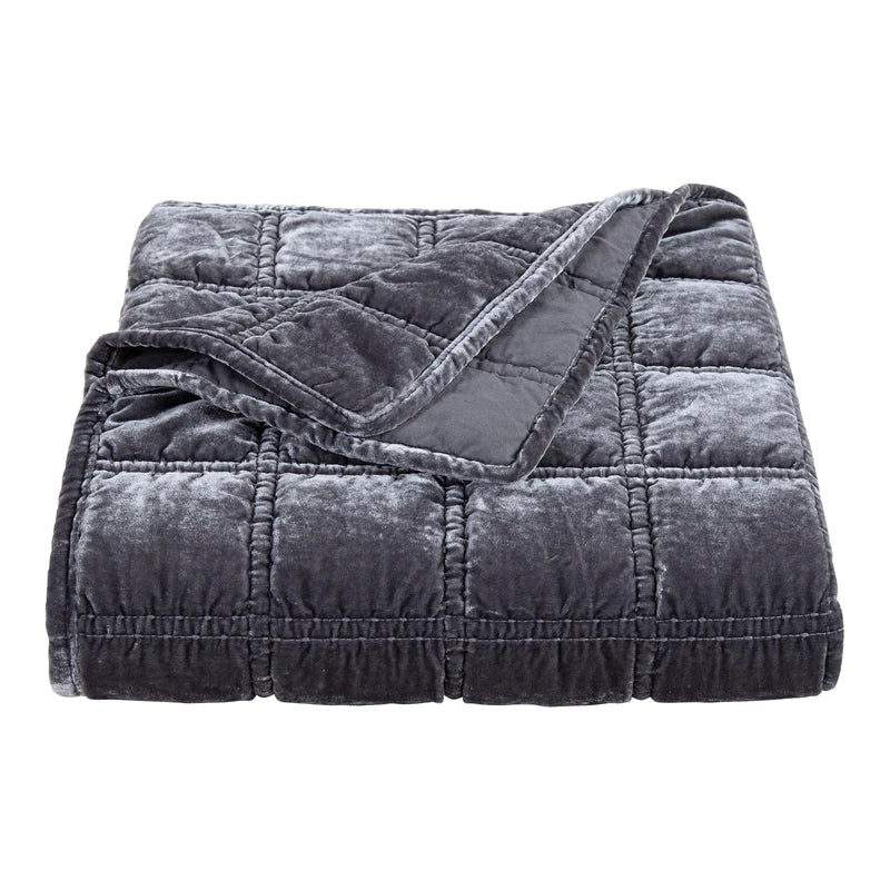 STELLA FAUX SILK VELVET DOUBLE BOX STITCH THROW in DARK SLATE