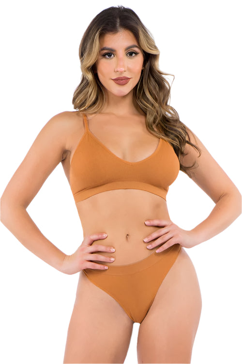 RIBBED SEAMLESS BRA and THONG SET in HAZEL