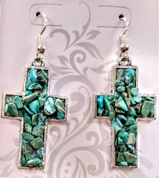 TURQUOISE CHIP CROSS EARRINGS