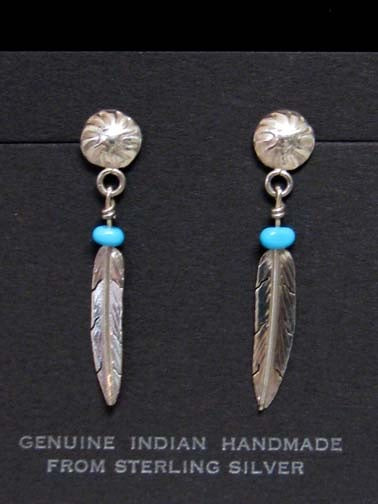 Sterling Silver Feather and Concho Dangle Earrings