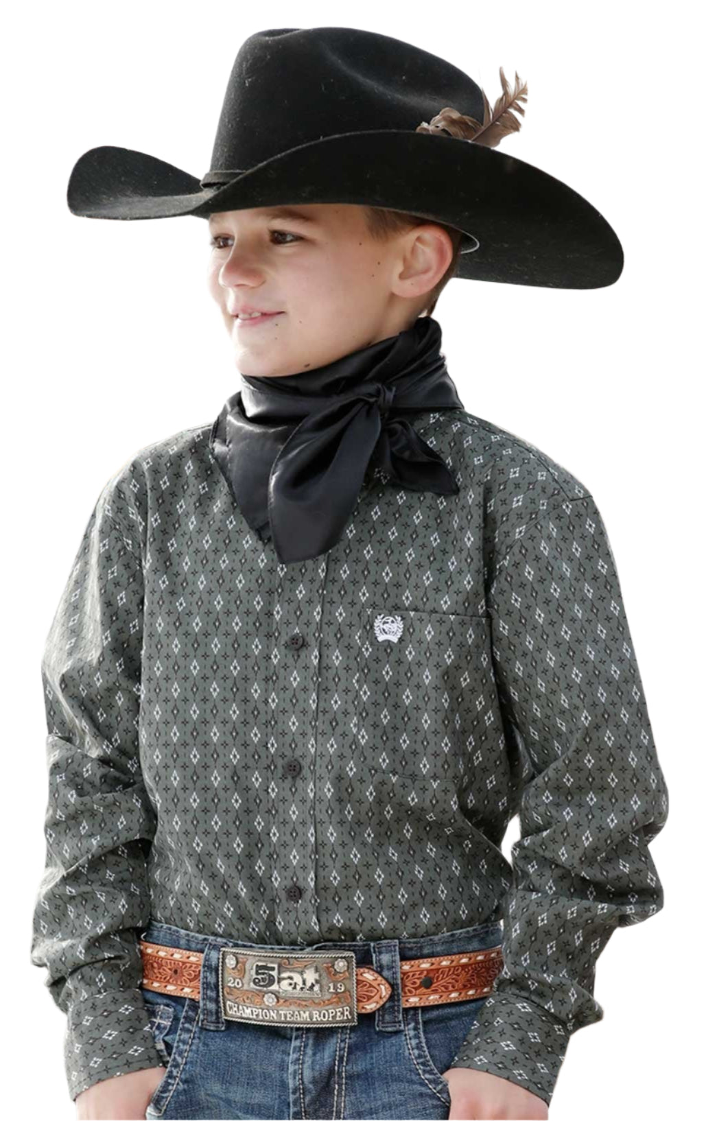 CINCH BOY'S GEOMETRIC PRINT BUTTON-DOWN WESTERN SHIRT - OLIVE